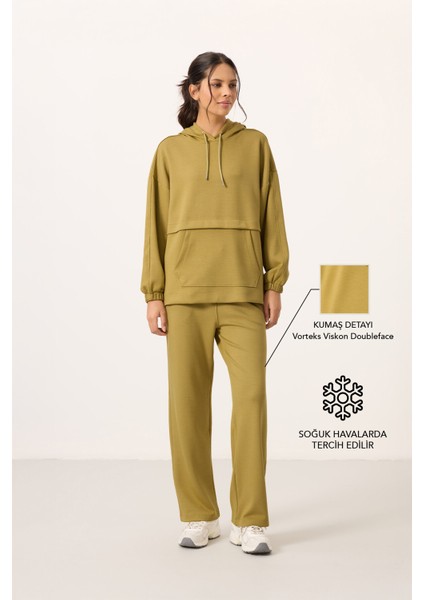 Koyu Hardal Yumuşak Dokulu Kapüşonlu Oversize Kadın Eşofman Tunik Takım - 95348