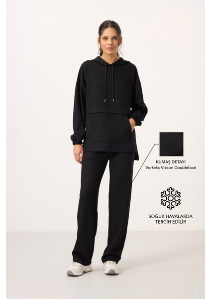 Siyah Yumuşak Dokulu Kapüşonlu Oversize Kadın Eşofman Tunik Takım - 95348