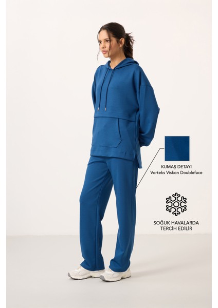 Parlament Yumuşak Dokulu Kapüşonlu Oversize Kadın Eşofman Tunik Takım - 95348