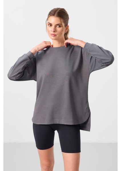 Koyu Gri Yumuşak Dokulu O Yaka Rahat Form Kadın Tunik Sweatshirt - 97305 fırsatları