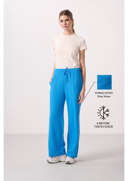 Mavi Keten Geniş Paça Rahat Form Kadın Palazzo Pantolon - 94675