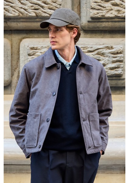 Erkek Süet Kapitoneli Mont Ceket Antrasit