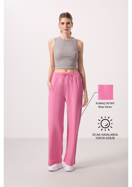Fuşya Keten Geniş Paça Rahat Form Kadın Palazzo Pantolon - 94675