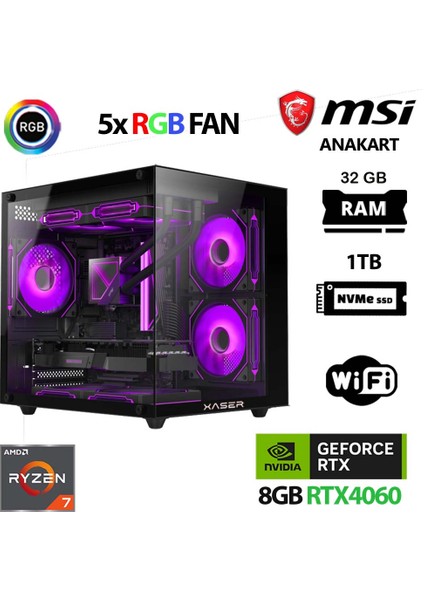 Cube X50 Ryzen 7 5700X 32GB Ram 1tb M.2 Nvme SSD 8gb RTX4060 Masaüstü Oyuncu Bilgisayarı