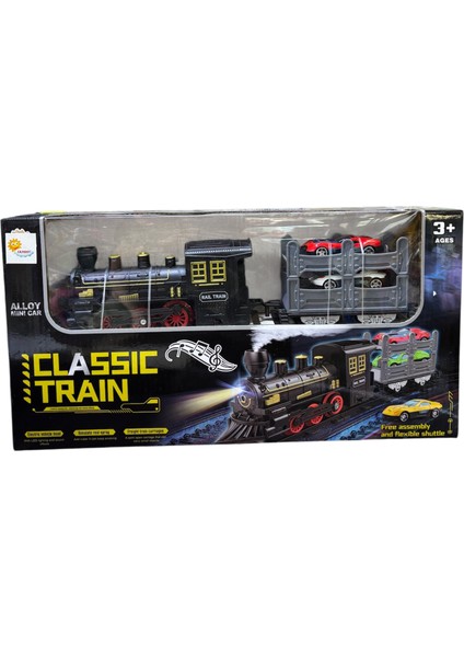 Araba Taşıyan Klasik Tren Duman ve Işıklı