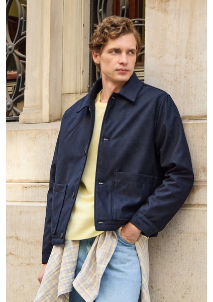 Erkek Süet Kapitoneli Mont Ceket Lacivert