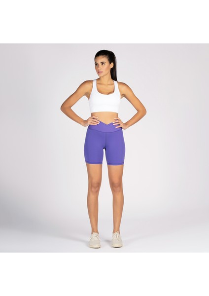 Lila Toparlayıcı Kruvaze Bel Detaylı Bisikletçi Şortu Kısa Tayt Vela