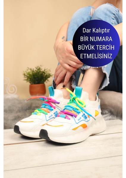 GUJA Renkli Bağcıklı Triko Unisex Spor Ayakkabı BEYAZ