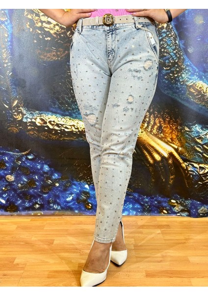 Pantolon Işıltılı Taş Detaylı Yüksek Bel Skinny Jean Gümüş Taşlı Dar Paça Jean