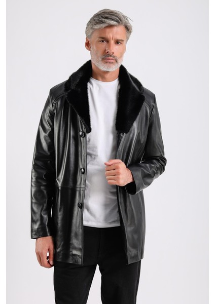 Barella Erkek Siyah Yaka Kürklü Deri Kaban
