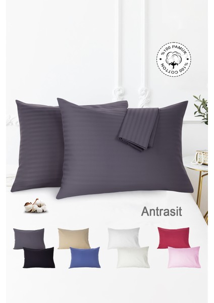 %100 Pamuk 2’li Çizgili Saten Yastık Kılıfı 50 x 70 | Antrasit