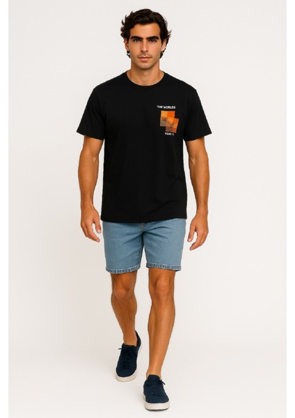 Bisiklet Yaka Göğüsü Manzara Baskılı %100 Pamuk Regular Fit Esnek Süprem T-Shirt