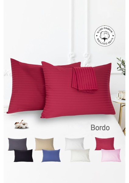 %100 Pamuk 2’li Çizgili Saten Yastık Kılıfı 50 x 70 | Bordo
