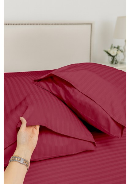 %100 Pamuk 2’li Çizgili Saten Yastık Kılıfı 50 x 70 | Bordo fiyatları