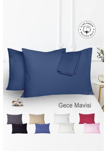%100 Pamuk 2’li Çizgili Saten Yastık Kılıfı 50 x 70 | Gece Mavisi