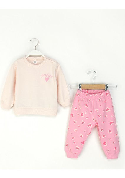 Kız Bebek Kalpli Takım Uzun Kollu Sweatshirt ve Desenli Alt-Üst Takım