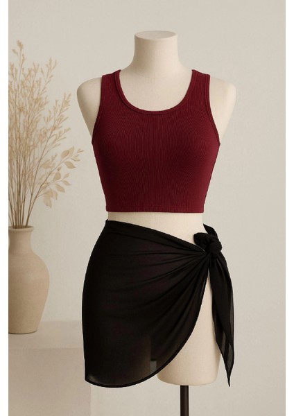 - Kadın Bordo Yuvarlak Yaka Crop ve Siyah Pareo 2'li Set