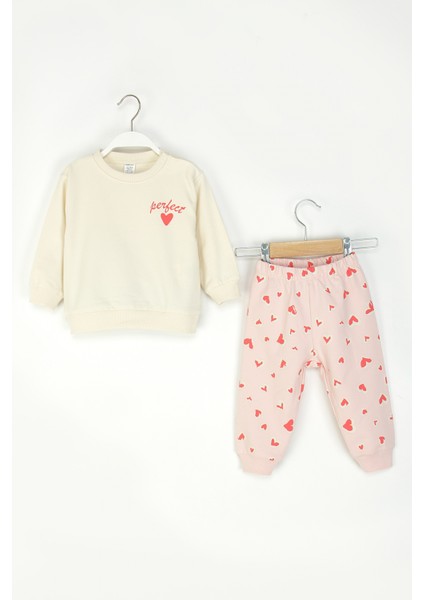 Kız Bebek Kalpli Takım Uzun Kollu Sweatshirt ve Desenli Alt-Üst Takım