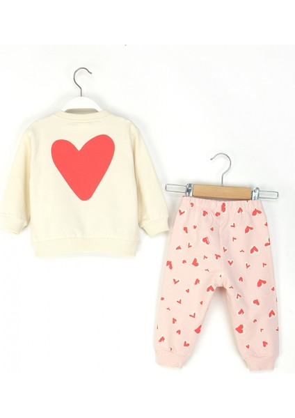Kız Bebek Kalpli Takım Uzun Kollu Sweatshirt ve Desenli Alt-Üst Takım fiyatları