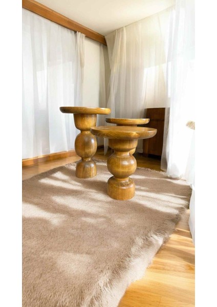 Tütün Renk Masif Ahşap Mantar Sehpa – 3’lü Doğal Zigon Sehpa ve Fiskos Takımı