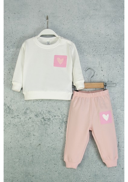 Kız Bebek Kalpli Eşofman Takım Desenli Sweatshirt ve Beli Lastikli Alt