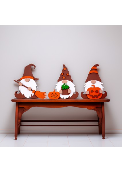 Ahşap Cüce Dekor Seti - 3'lü Gnome Süs – Halloween Temalı modelleri