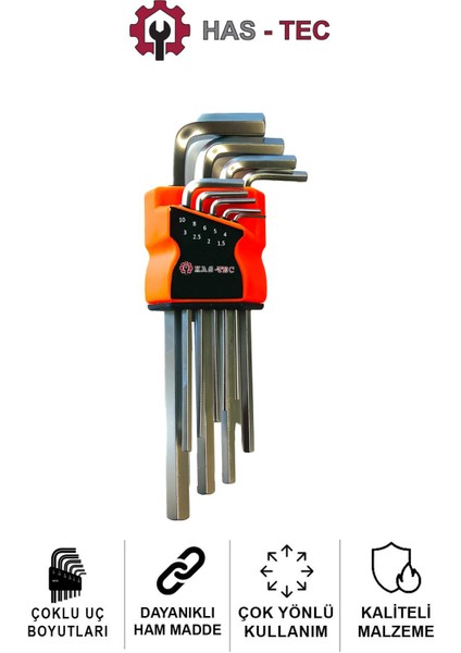 9 Parça Düz Alyan Anahtar Seti | Parlak Nikel Kaplama, Profesyonel Altı Köşe Anahtarlar, Alyan Set