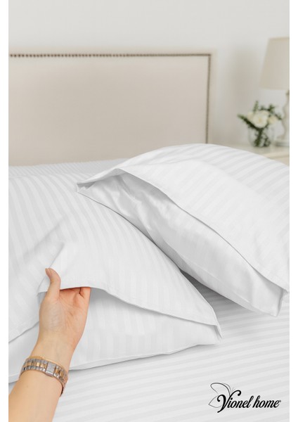 %100 Pamuk 2’li Çizgili Saten Yastık Kılıfı 50 x 70 | Beyaz fiyatları