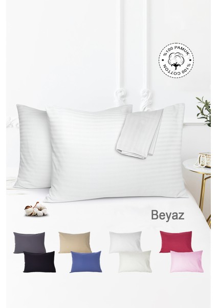 %100 Pamuk 2’li Çizgili Saten Yastık Kılıfı 50 x 70 | Beyaz