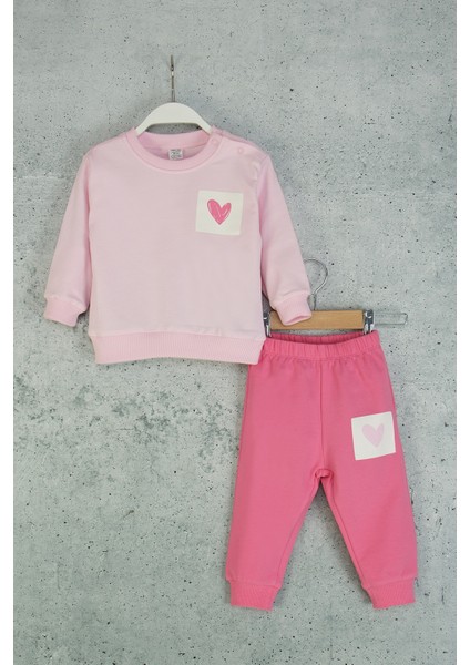 Kız Bebek Kalpli Eşofman Takım Desenli Sweatshirt ve Beli Lastikli Alt