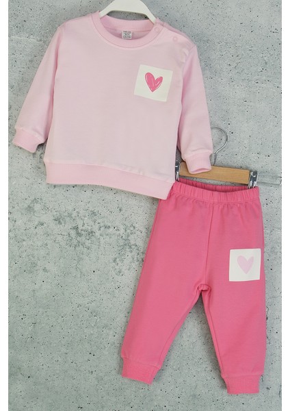 Kız Bebek Kalpli Eşofman Takım Desenli Sweatshirt ve Beli Lastikli Alt modelleri