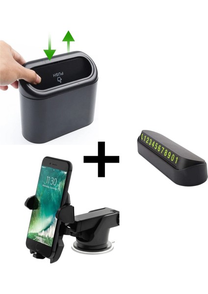 Araç Içi Düzenleyici Çöp Kovası + Ön Cam Telefon Tutucu Vantuzlu Uzayabilen + Ön Cam Torpido Üstü Fosforlu Numaratör