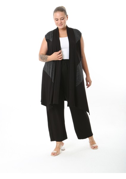 Sim Detaylı Siyah Likralı Viskon Kumaş Kadın Büyük Beden Yelek