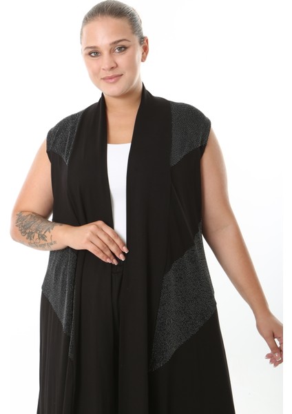 Sim Detaylı Siyah Likralı Viskon Kumaş Kadın Büyük Beden Yelek fiyatları