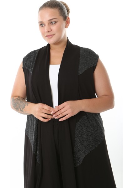 Sim Detaylı Siyah Likralı Viskon Kumaş Kadın Büyük Beden Yelek modelleri