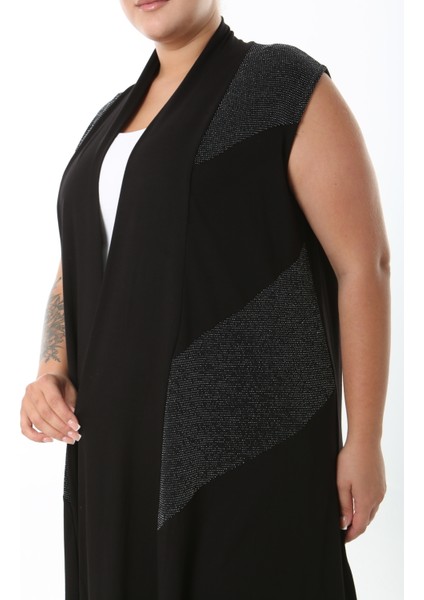 Sim Detaylı Siyah Likralı Viskon Kumaş Kadın Büyük Beden Yelek fırsatları