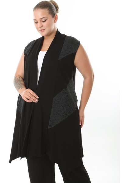 Sim Detaylı Siyah Likralı Viskon Kumaş Kadın Büyük Beden Yelek