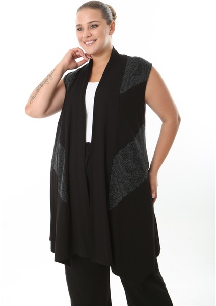 Sim Detaylı Siyah Likralı Viskon Kumaş Kadın Büyük Beden Yelek