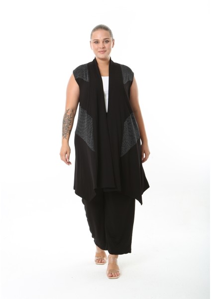 Sim Detaylı Siyah Likralı Viskon Kumaş Kadın Büyük Beden Yelek