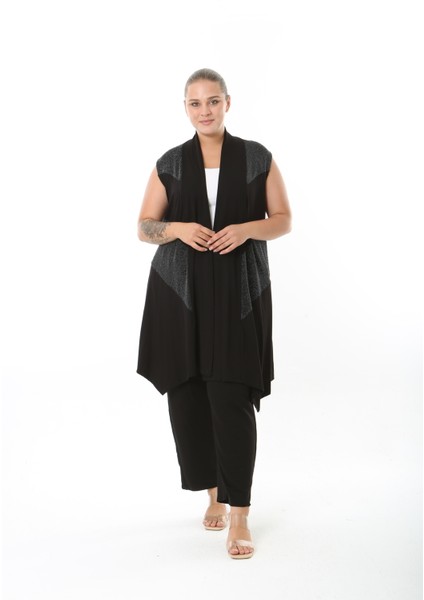 Sim Detaylı Siyah Likralı Viskon Kumaş Kadın Büyük Beden Yelek