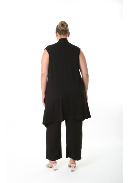 Sim Detaylı Siyah Likralı Viskon Kumaş Kadın Büyük Beden Yelek