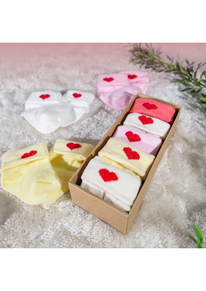 Kız Bebek Çorap Seti 5 Çift – Kalp Desenli – Kutulu – Patik Boy – Pamuk