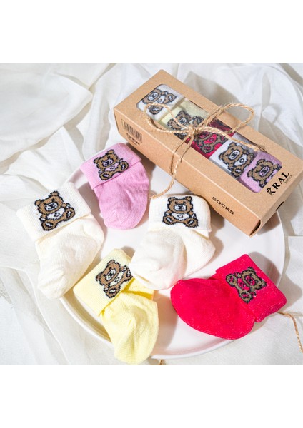 Kız Bebek Çorap Seti 5 Çift Patik Çorap – Ayıcık Desenli – Kutulu – Pamuk