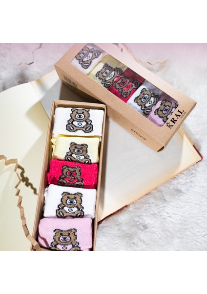 Kız Bebek Çorap Seti 5 Çift Patik Çorap – Ayıcık Desenli – Kutulu – Pamuk