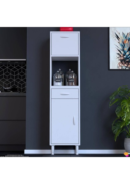 VİO Çok Amaçlı Dolap: (45x163.4x32,5 cm) ölçülerinde, çekmeceli ve kapaklı mutfak dolabı.