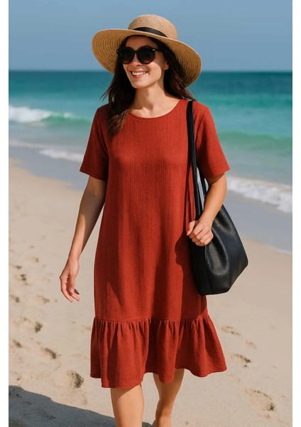 Kiremit Rengi Bürümcük Kumaş Elbise