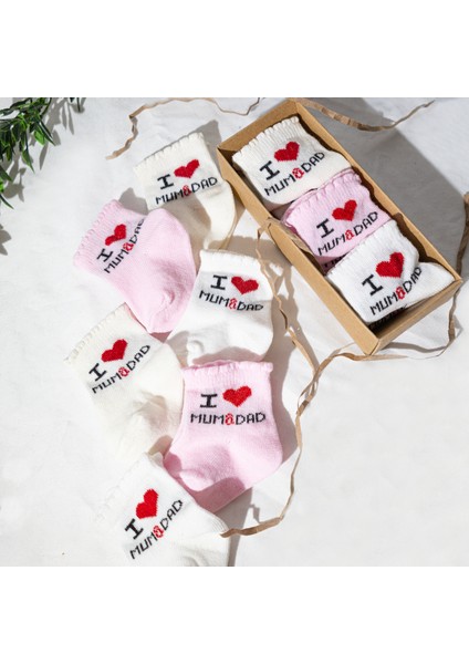 6 Çift Kız Bebek Çorap Kutulu Patik Boy – I Love Mum Dad Desenli, Pamuklu