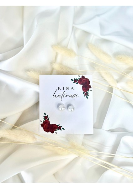 10 Adet Kartlı Köşeleri Bordo Gül Tasarımlı Hediyelik Inci Küpe /kına Hediyeliği