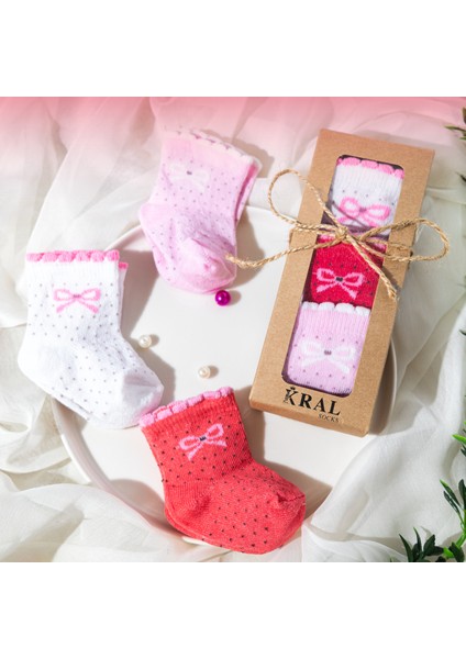 Kız Bebek Çorap Seti 6 Çift – Kurdele Desenli – Kutulu – Pamuk – Patik Boy