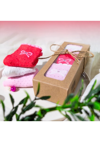 Kız Bebek Çorap Seti 6 Çift – Kurdele Desenli – Kutulu – Pamuk – Patik Boy